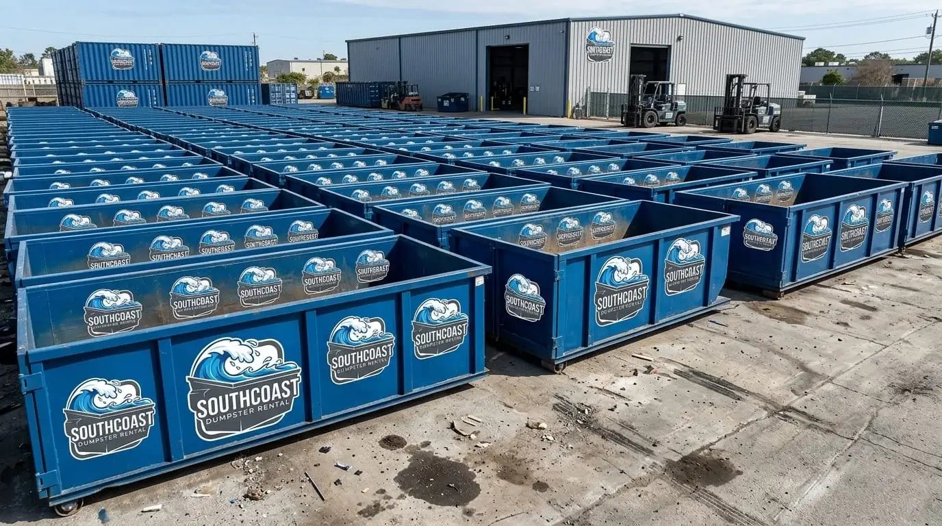 Rows of blue SouthCoast dumpsters lined up at an equipment yard
