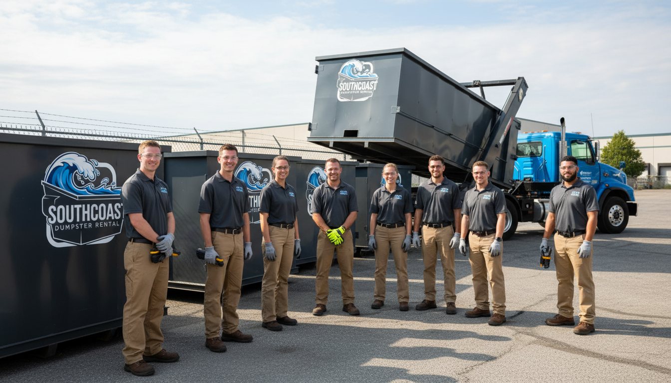 Group in dark work shirts in front of SouthCoast dumpsters and a roll-off truck