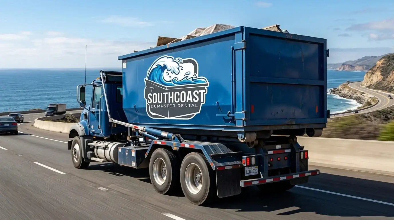 Roll-off truck carrying a blue SouthCoast dumpster along a coastal road