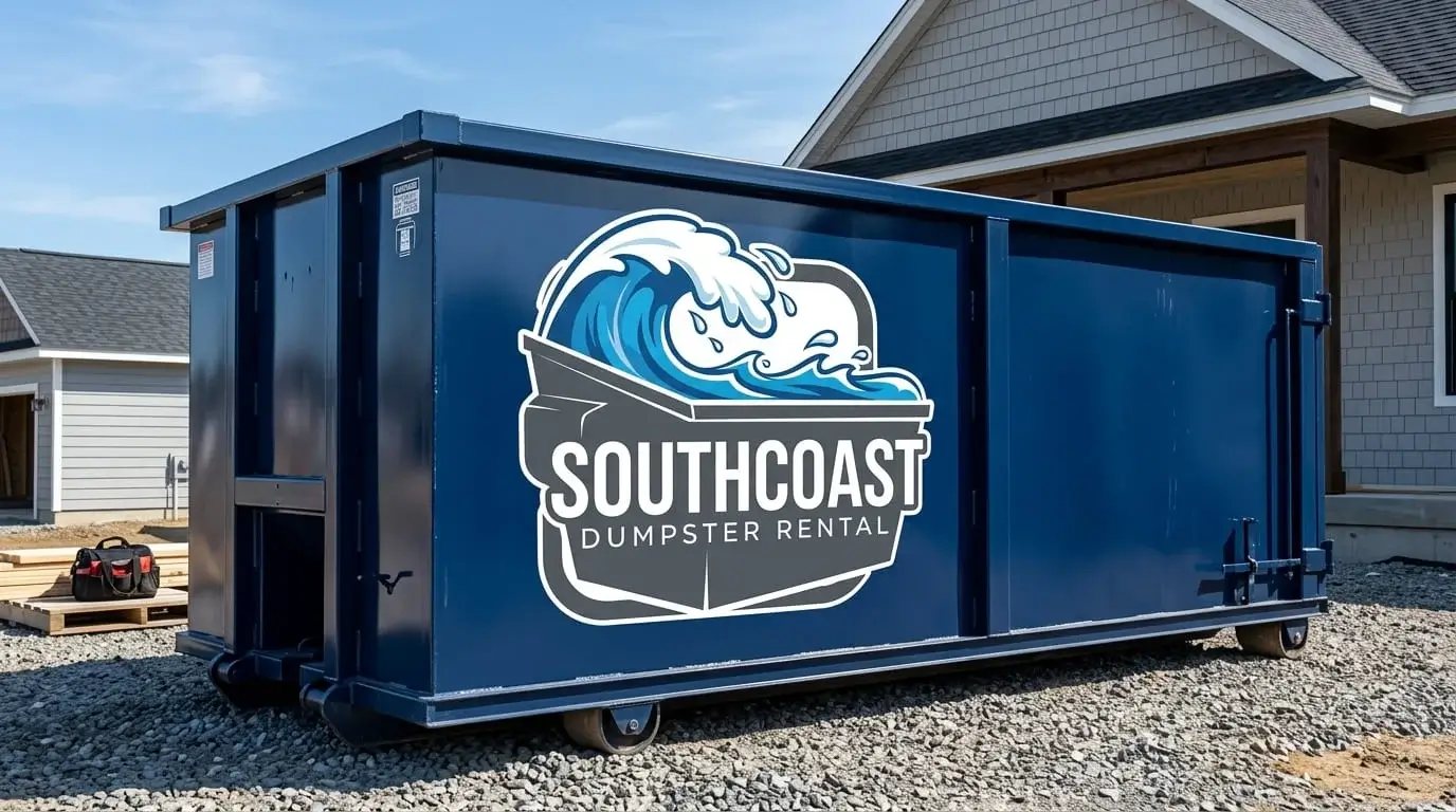 Blue SouthCoast dumpster beside a house under renovation