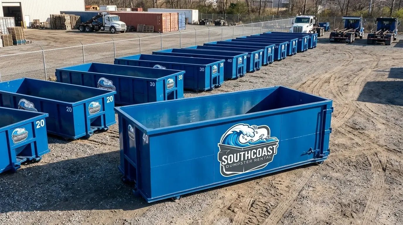 Row of blue SouthCoast dumpsters in a gravel yard